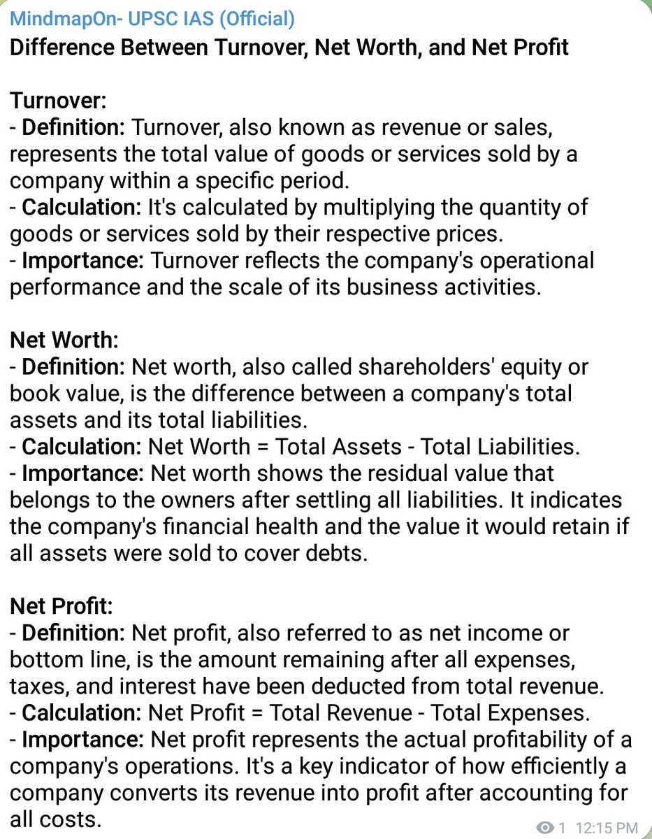 MindmapOnIAS's tweet image. Turnover: Total value of goods/services sold. 
Net Worth: Assets minus liabilities. 
Net Profit: Actual profit after deducting all expenses. #FinanceBasics #BusinessMetrics 

#UPSC #Economic_terms