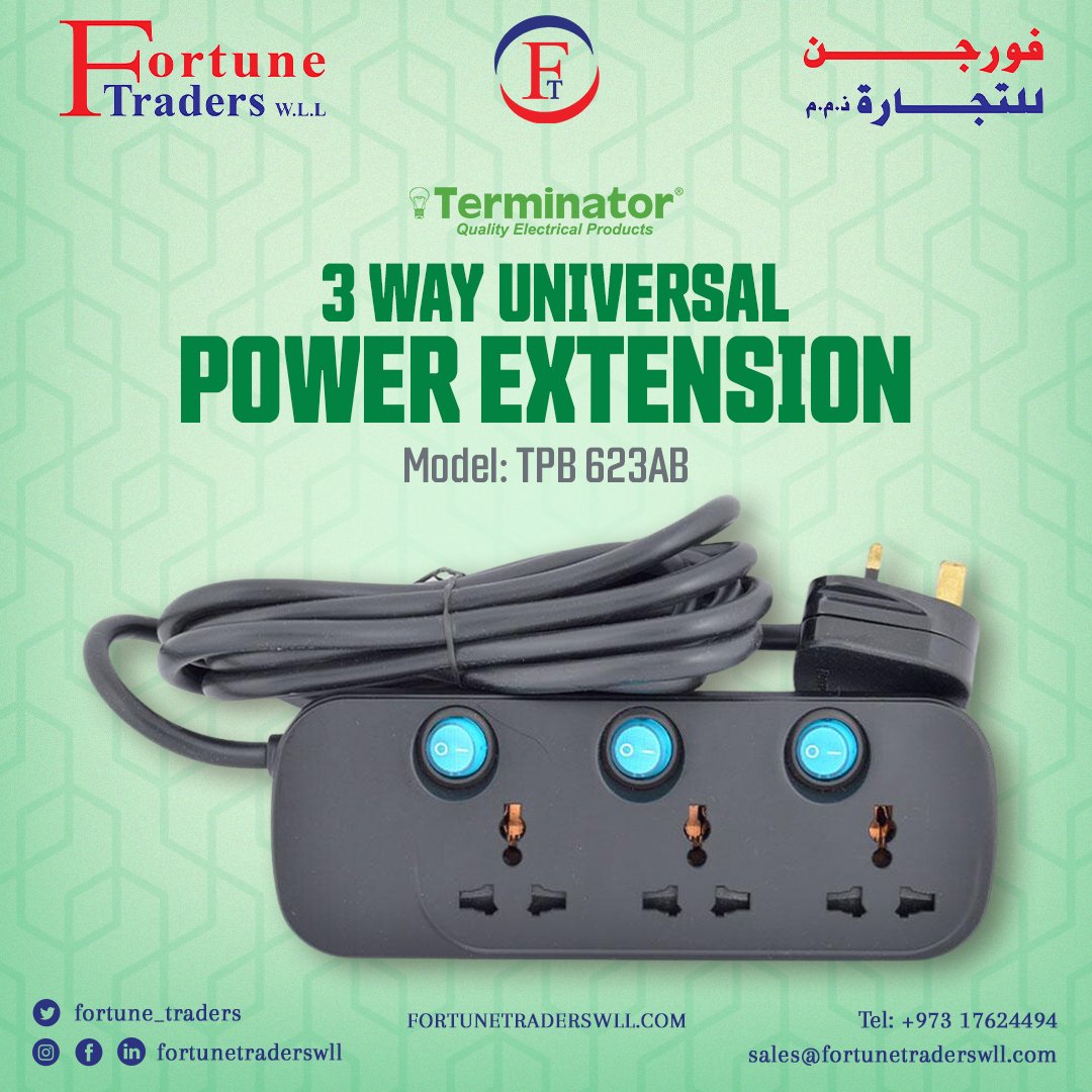 fortune_traders's tweet image. 𝟑 𝐖𝐚𝐲 𝐔𝐧𝐢𝐯𝐞𝐫𝐬𝐚𝐥 𝐏𝐨𝐰𝐞𝐫 𝐄𝐱𝐭𝐞𝐧𝐬𝐢𝐨𝐧• It comes with three outlets, enabling you to plug in and power up three devices simultaneously.𝗖𝗮𝗹𝗹: +973 17624494,16624494 𝗠𝗮𝗶𝗹: Sales@fortunetraderswll.com #powerextension #universalpowerextension