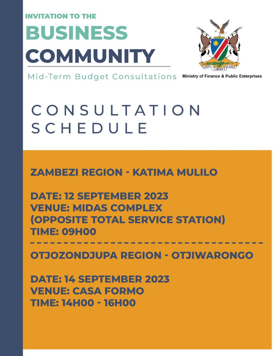 FinanceNamibia's tweet photo. If you are in #Katima or #Otjiwarongo, join the Business Community Engagement and make a contribution. https://t.co/sf7mOqHsoa