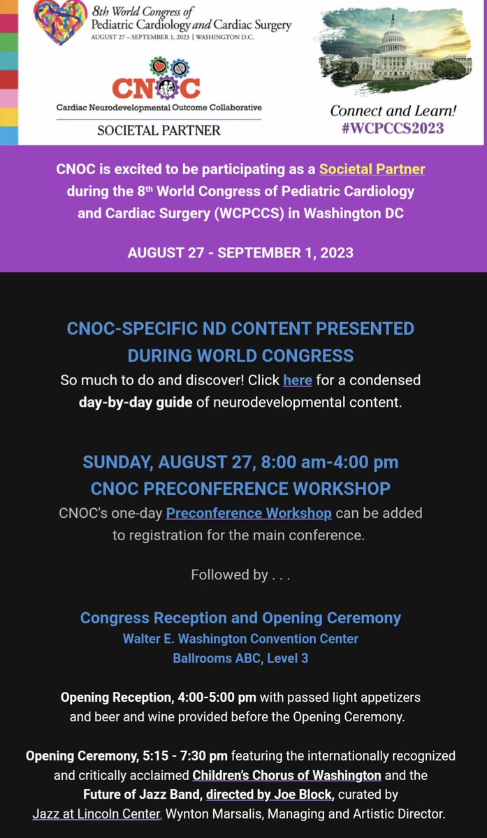 Cardiac Neurodevelopmental Outcome Collaborative (@cardiacneuro) on Twitter photo Fun day 1 ahead at <a href="/8thWCPCCS2023/">WCPCCS2023</a> !!
❤️ #CNOC2023 pre-conference 8a-4p
❤️Opening Reception w/light appetizers & drinks 4-5p
❤️Opening Ceremony featuring Children's Chorus of Washington & Future of Jazz Band 515-730p Fun day 1 ahead at <a href="/8thWCPCCS2023/">WCPCCS2023</a> !!
❤️ #CNOC2023 pre-conference 8a-4p
❤️Opening Reception w/light appetizers & drinks 4-5p
❤️Opening Ceremony featuring Children's Chorus of Washington & Future of Jazz Band 515-730p