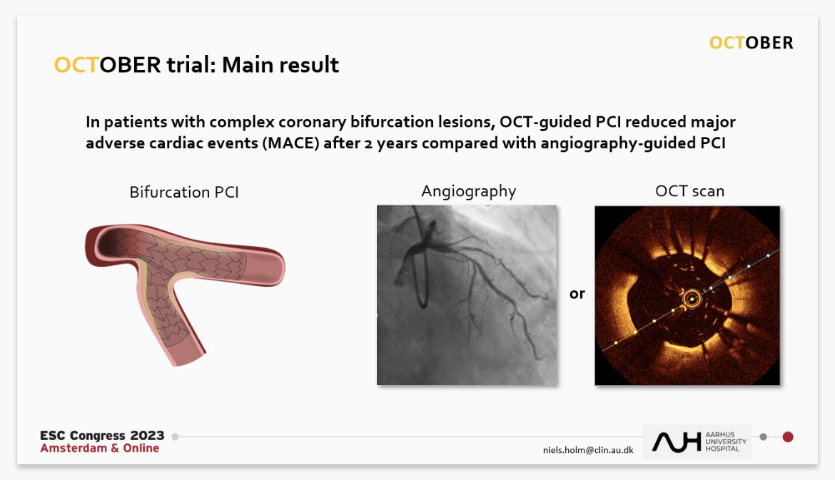 mirvatalasnag's tweet photo. #ESCCongress 
OCTOBER Trial results

Simultaneously published @NEJM 

https://t.co/fvl86H8kWL

Results indicate that routine OCT guiding for complex bifurc PCI may lead to improved clinical outcomes for patients at high risk of major cardiac events @NielsRHolm https://t.co/fWXsd5faK4