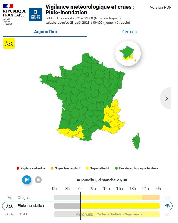 ⚠️#Vigilance- 2 phénomènes, ce dimanche ⤵️

🌩️ #Orages
🟠3 départements en #VigilanceOrange
🟡16 départements en #VigilanceJaune et l'Andorre

🌧️ #PluieInondation
🟡13 départements en #VigilanceJaune

Restez prudents et tenez-vous informés👉vigilance.meteofrance.fr