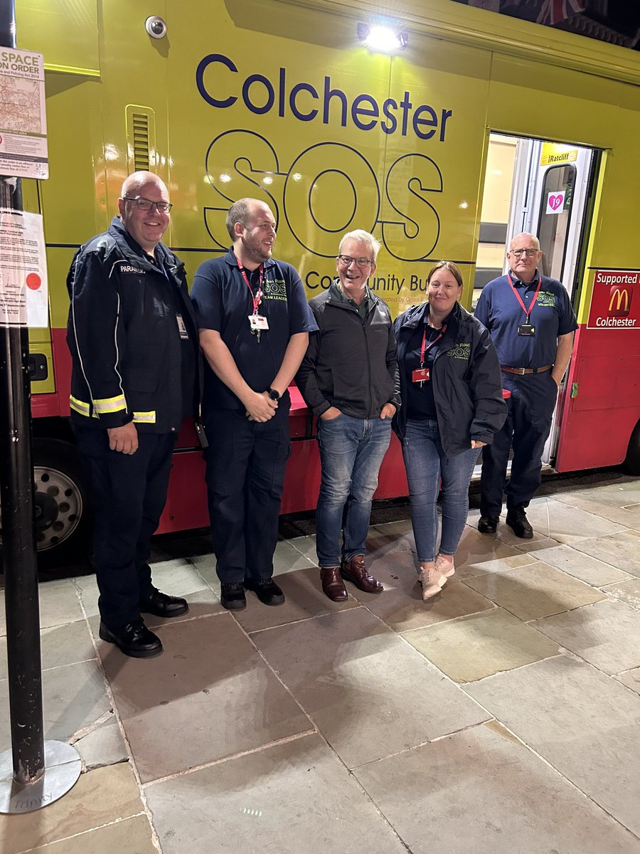 We observed the work of the SOS Bus team in Colchester on Saturday night. Highly skilled paramedics, team leaders, volunteers and an MBE amongst them. Several revellers assessed and sent on their way to sleep it off, one serious head injury delivered to A&E. @Open_Road