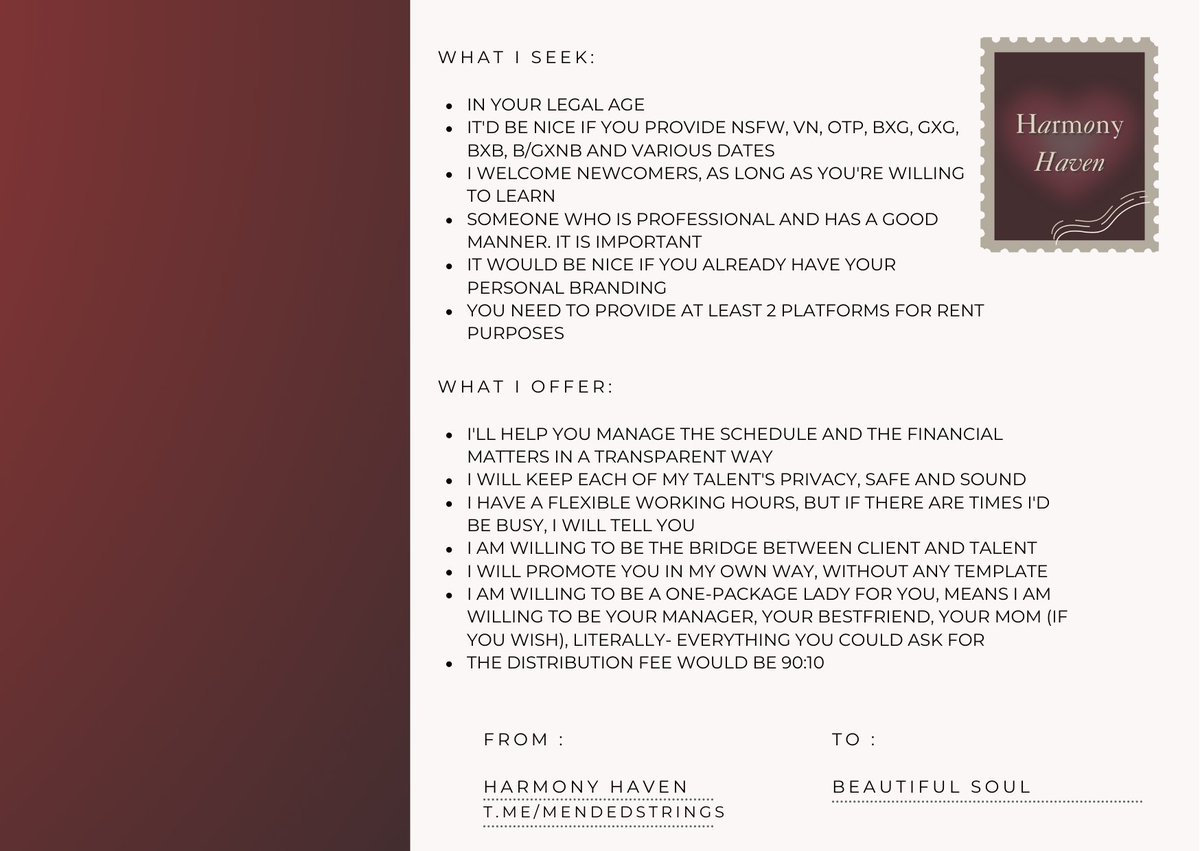 Equeliebrium's tweet image. 📢: RTs are highly appreciated!

Good day, beautiful soul. It is with a blissful heart that I am announcing a brand new managerial of my own: Harmony Haven. Details are attached.