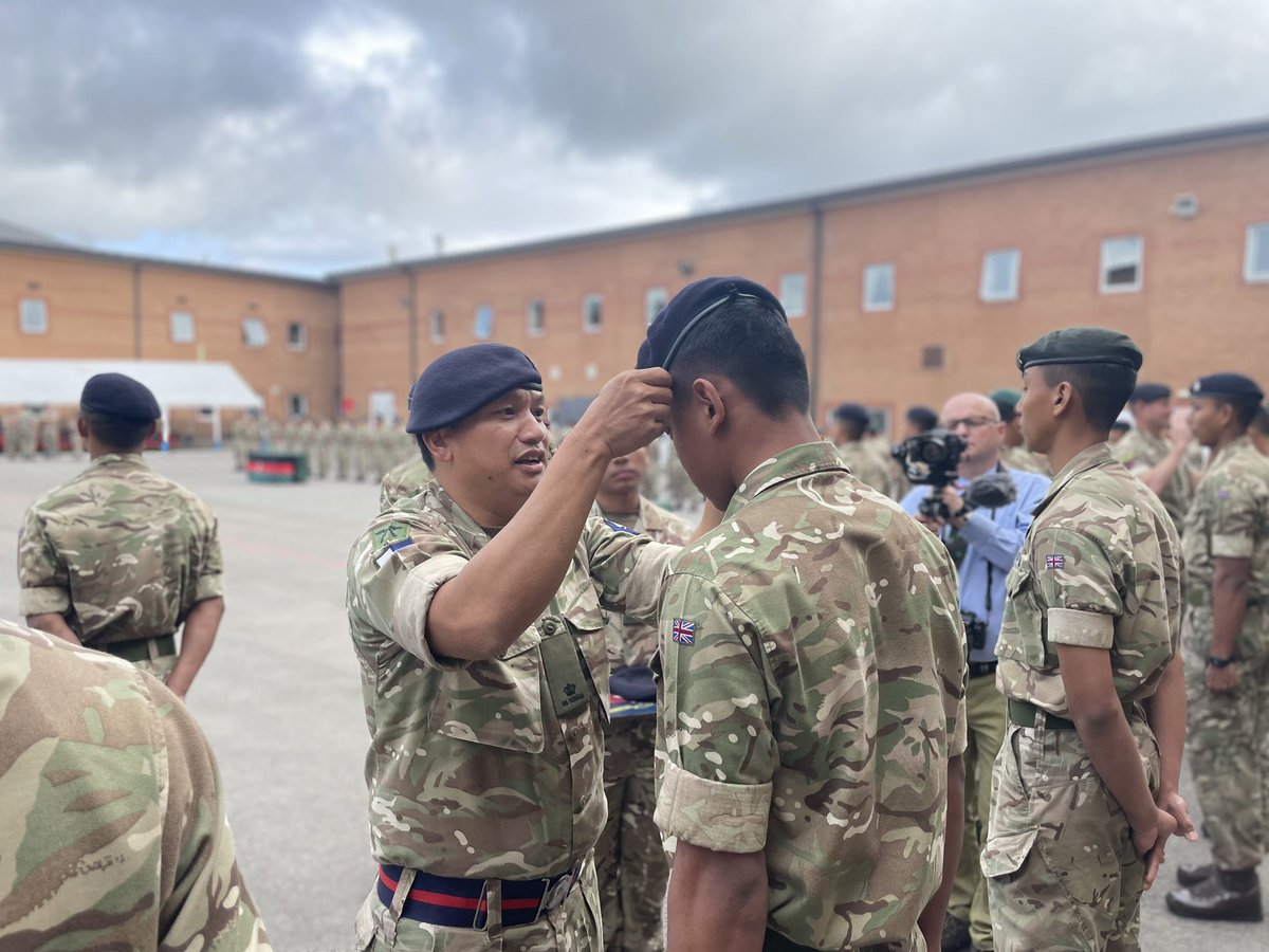 Gurkha Major and RSM QG SIGNALS during Unit Capbadging for Recruit Intake 2023 in Gurkha Company, Infantry Training Centre Catterick on Fri 25 Aug 23. 42 Trainees will be joining QG SIGNALS at the end of this year on completion of their basic training.