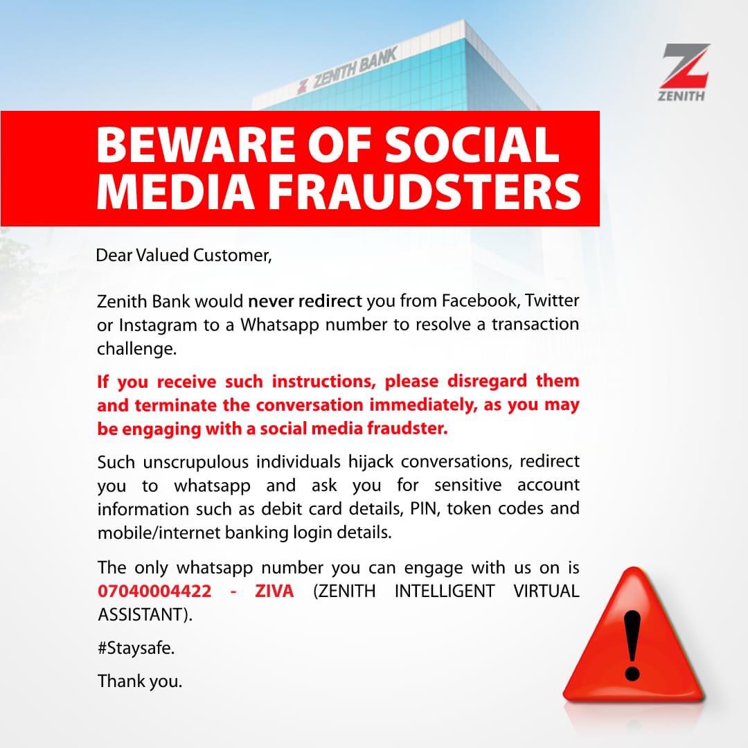 ZenithBank's tweet photo. Keep your bank account safe from fraudsters.
Protect your account from social media fraudsters by ONLY discussing transaction related challenges via DM or with ZiVA on 07040004422 and not in the comment section under our posts.

#ZenithBank #Antifraud #Safety #StaySafe #ZenithBankIsBack #Fraud