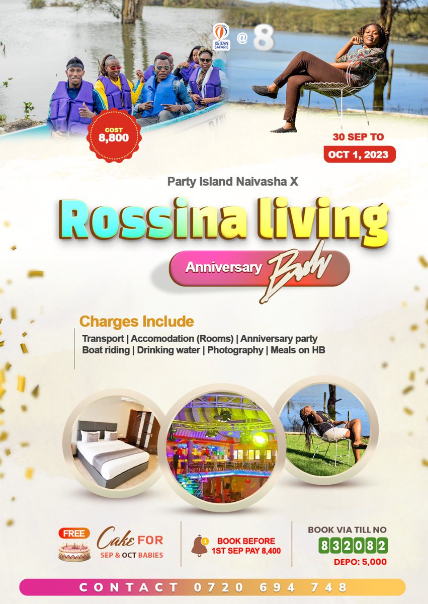 If  you are looking for an affordable yet fun Getaway , look no more ☺️ Join us as we celebrate 8 years of creating memories  we shall party in Naivasha and spend at the New Rosinna living hotel. Trust me, this is a deal and a half.
BOOK EARLY PAY LESS.
Contact us 0720694748