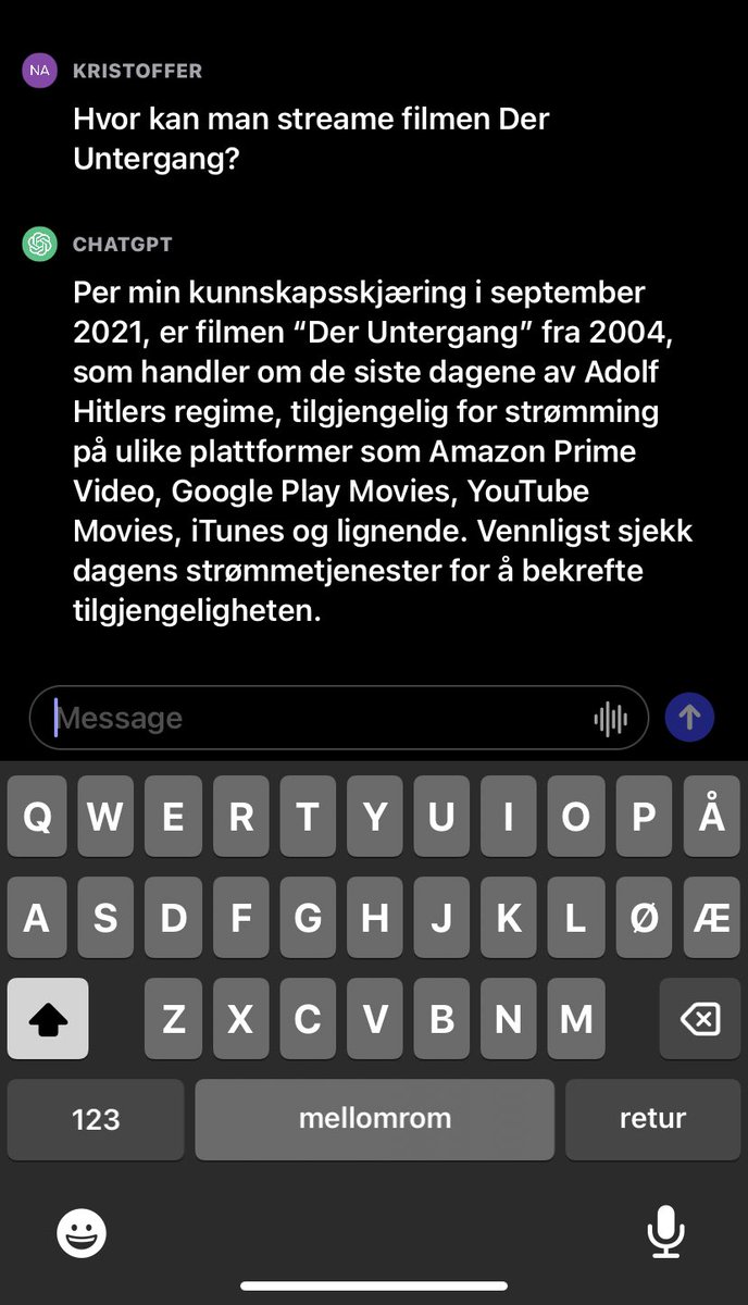 Naltav's tweet photo. @trondbirkedal ChatGPT-appen er ikke heeelt oppdatert på dette. Men at den finnes på YouTube ser ut til å stemme. Men i varierende kvalitet. Får kanskje flere treff om man søker på «Downfall»? https://t.co/8PwbK2iCp4