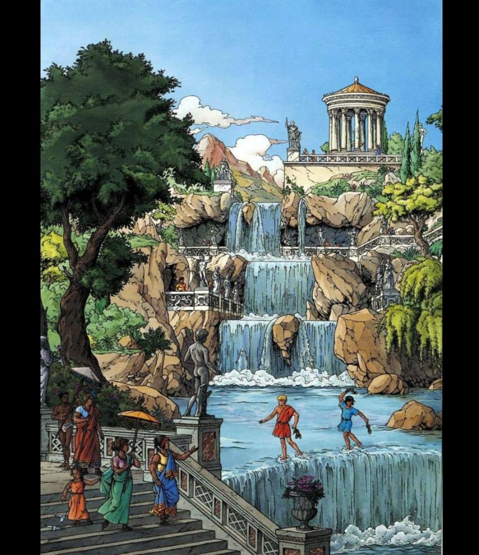 antinousgaygod's tweet photo. 🪷 Have a swim party: 27 Aug is the #Volturnalia feast of #Volturnus, Roman god of rivers, fountains, pools. Dive in: the water's great! French historical #comicbooks #toons #Alix &amp; #Enak frolic in the #Edessa Falls in Greece. Note the #Antinous #Farnese statue on balustrade!🪷 https://t.co/mYgQeuHx9C