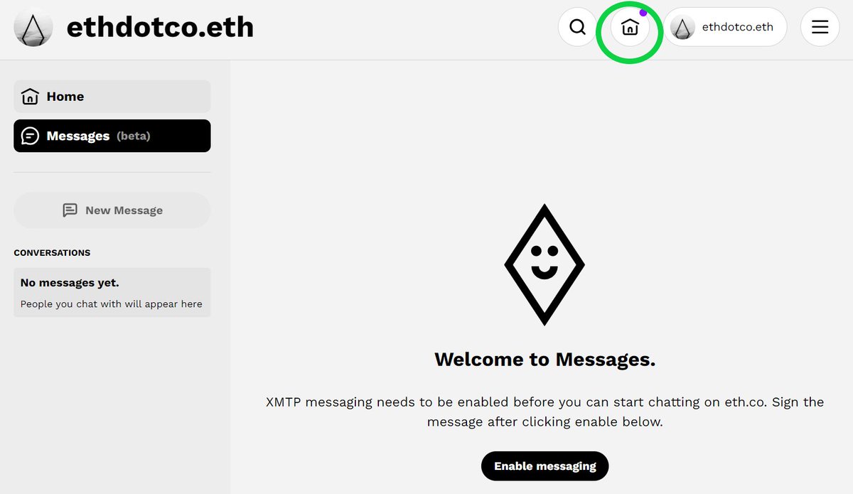 Direct Messages are LIVE on Eth.co using <a href="/xmtp_/">XMTP</a> and <a href="/ensdomains/">ens.eth</a> 🚀🚀🚀

Click the Home icon at the top to enable Messaging and then you can send a message to anyone with an .eth name and receive messages.

Send us a message to ethdotco.eth ♥🙏
