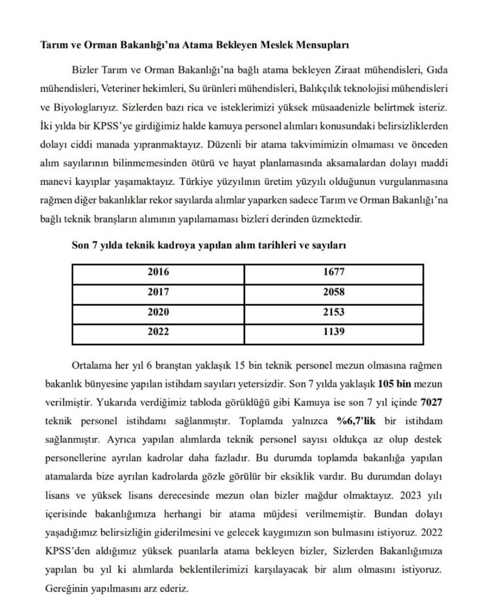 <a href="/_cevdetyilmaz/">Cevdet Yılmaz</a> Tarıma Atama bekleyen onbinlerce teknik branş sizlerden güzel haber bekliyor. 2023 yılında sadece Tarım Bakanlığına atama yapılmadı. 2022 Kpss puanlarımızla hala bekliyoruz. Rekor Atama istiyoruz <a href="/RTErdogan/">Recep Tayyip Erdoğan</a> <a href="/ibrahimyumakli/">İbrahim Yumaklı</a> <a href="/bekirgizligider/">Ebubekir GİZLİGİDER</a> <a href="/memetsimsek/">Mehmet Simsek</a> 
#TarımaTeknikKadroAtaması