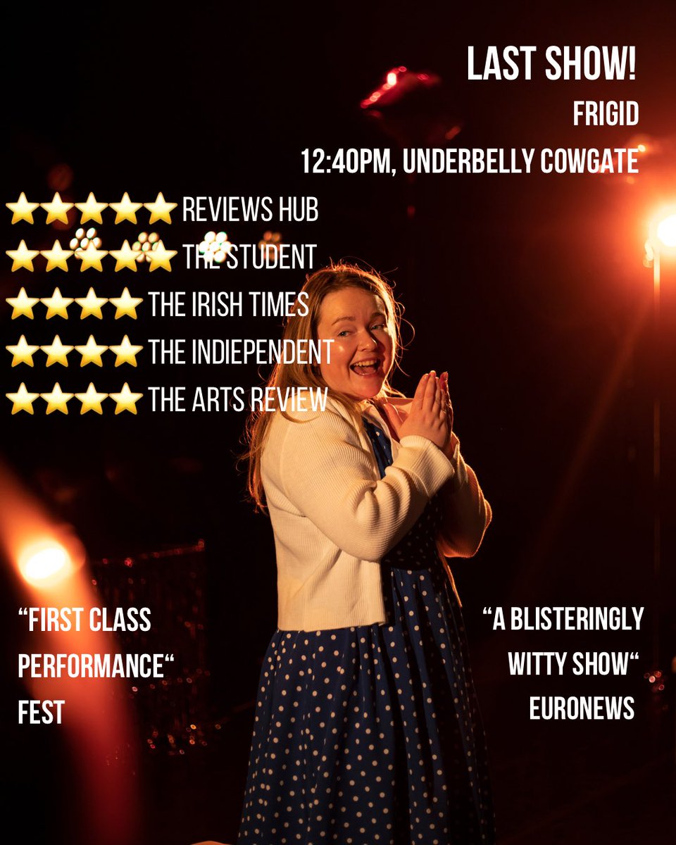 Last show today! Don’t miss out on this “blisteringly witty show” <a href="/FollowTheCow/">Underbelly Edinburgh</a> Cowgate, 12:40. We have a limited number of 2-4-1 tickets up for grabs so get em while you can.

showcatcher.com/edfest/whats-o…