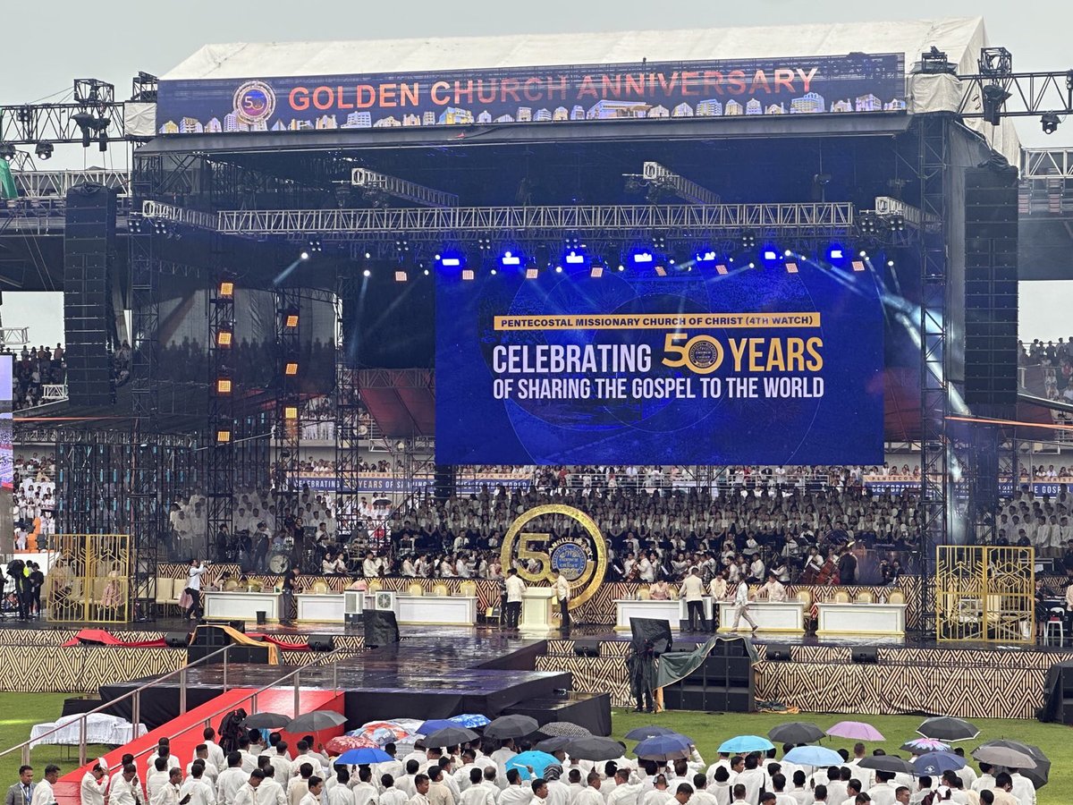 rapplerdotcom's tweet photo. HAPPENING NOW: #PMCC4W kicks off its Golden Anniversary Celebration at the New Clark City Athletics Stadium with a parade of colors led by leaders, Apostle Arsenio T. Ferriol and  Bishop Jonathan S. Ferriol. 

Follow this thread for updates on 
#PMCC4W50thAnniversary 👇#BrandRap https://t.co/BFWgLO9M4l
