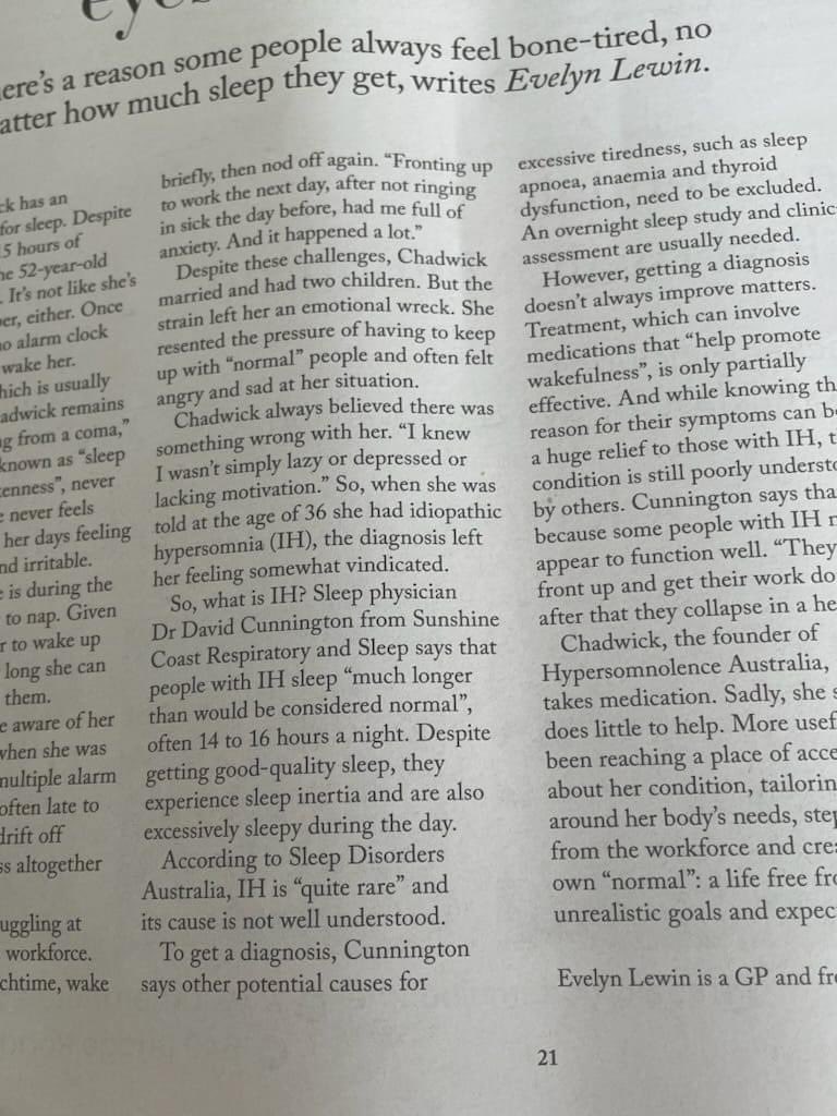I’m generally a private person but #IdiopathicHypersomnia is in desperate need of awareness and I understand the significance of a story about IH appearing in major newspapers so I did this smh.com.au/lifestyle/heal…