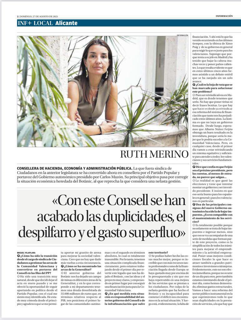 📰La consellera <a href="/rut_merino/">Ruth Merino</a> asegura que con este Consell “se han acabado las duplicidades, el despilfarro y el gasto superfluo” y apuesta por la eficiencia en la gestión para garantizar los servicios fundamentales.

Consulta la entrevista completa en el diario <a href="/informacion_es/">INFORMACION.es</a> 
👇