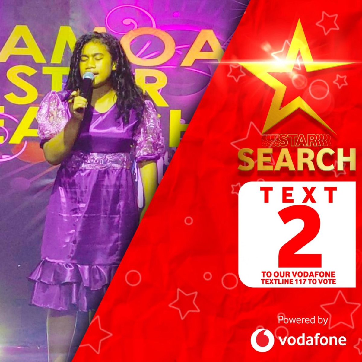 VodafoneSamoa's tweet photo. Cast your vote for the #StarSearch contestant you love the most!
Send 117 as a text from your Vodafone mobile📱
Each SMS costs $1. 💫

#VoteNow #SamoaStarSearch #TV1 #VodafoneSamoa https://t.co/4prDvbClAl