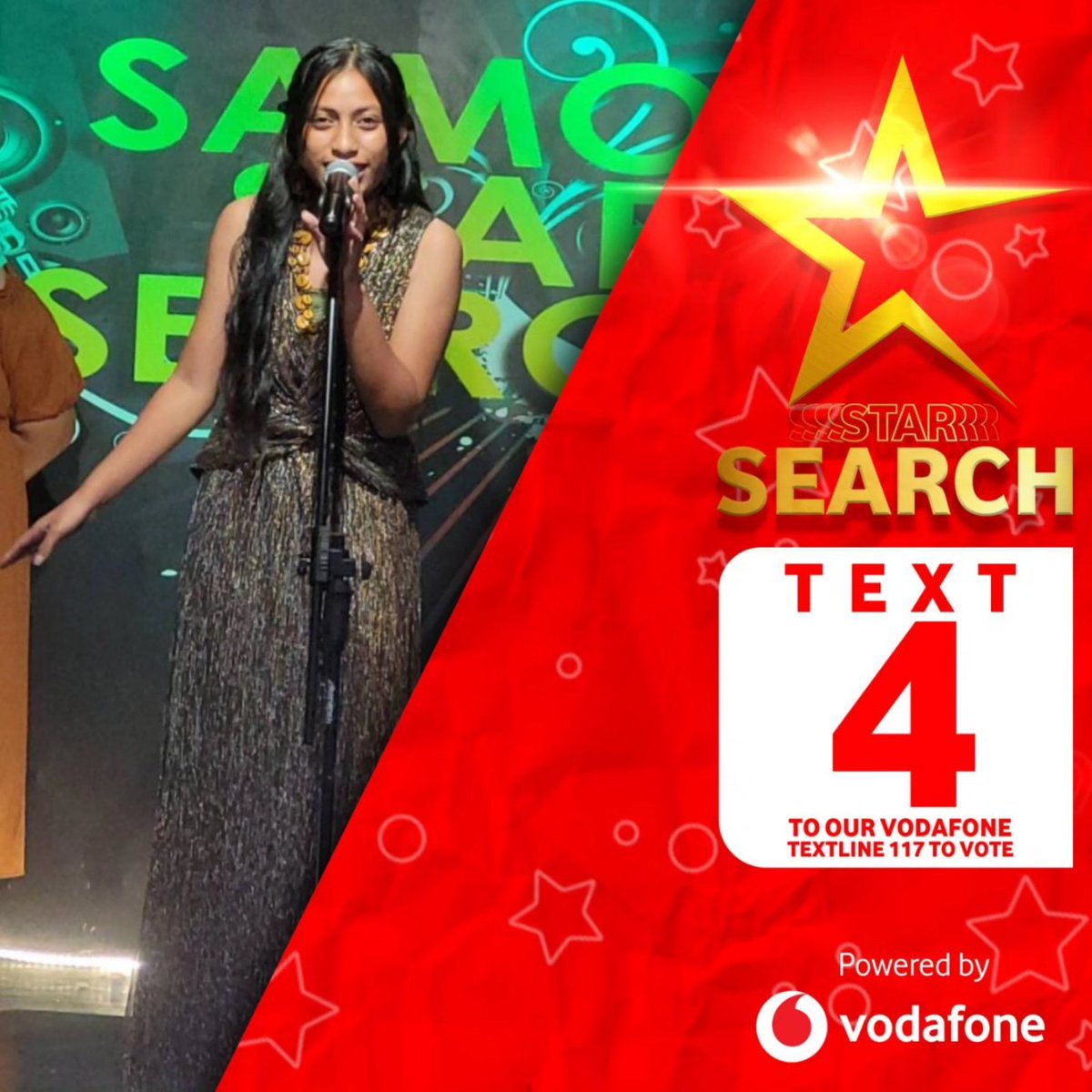 VodafoneSamoa's tweet photo. Cast your vote for the #StarSearch contestant you love the most!
Send 117 as a text from your Vodafone mobile📱
Each SMS costs $1. 💫

#VoteNow #SamoaStarSearch #TV1 #VodafoneSamoa https://t.co/4prDvbClAl