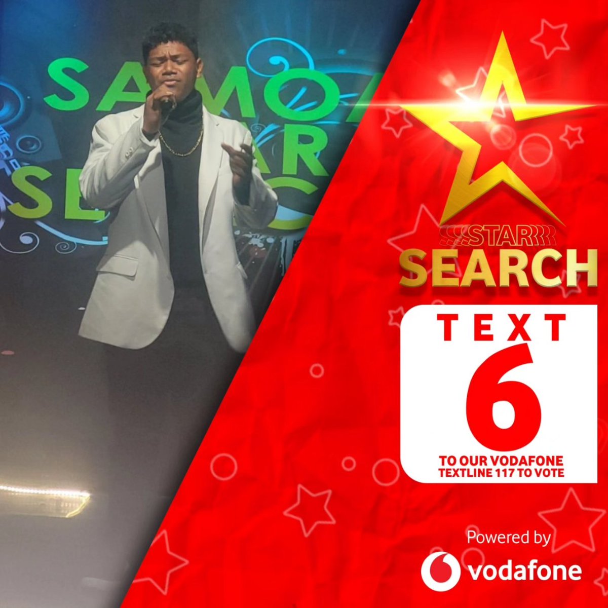 VodafoneSamoa's tweet photo. Cast your vote for the #StarSearch contestant you love the most!
Send 117 as a text from your Vodafone mobile📱
Each SMS costs $1. 💫

#VoteNow #SamoaStarSearch #TV1 #VodafoneSamoa https://t.co/5orrcrEVPr