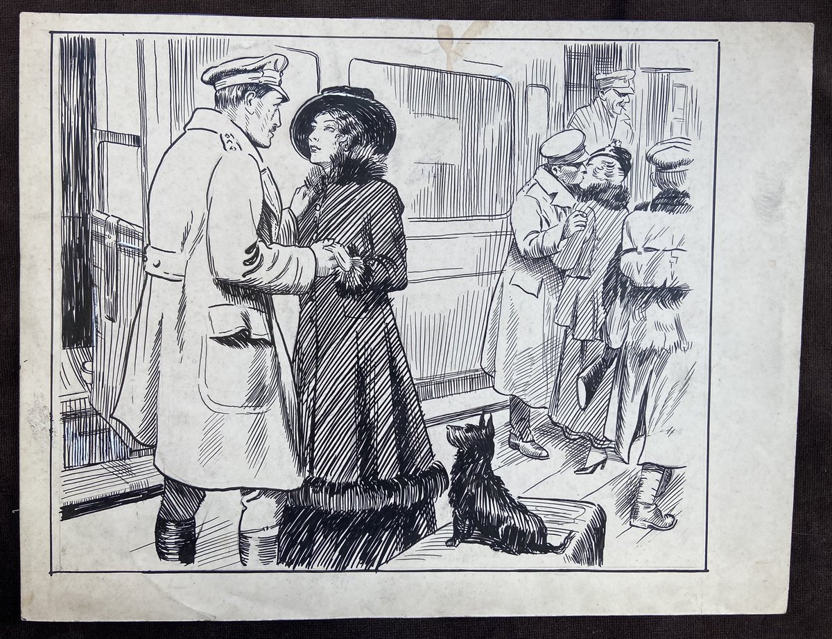 I was charmed by this quite sentimental pen and ink WWI themed illustration, which has an attribution to a “J.W. Jeens”. The addition of the little Scottie dog adds to the tension I think. I’ve not been able to find out anything about the artist (*puts on begging face)