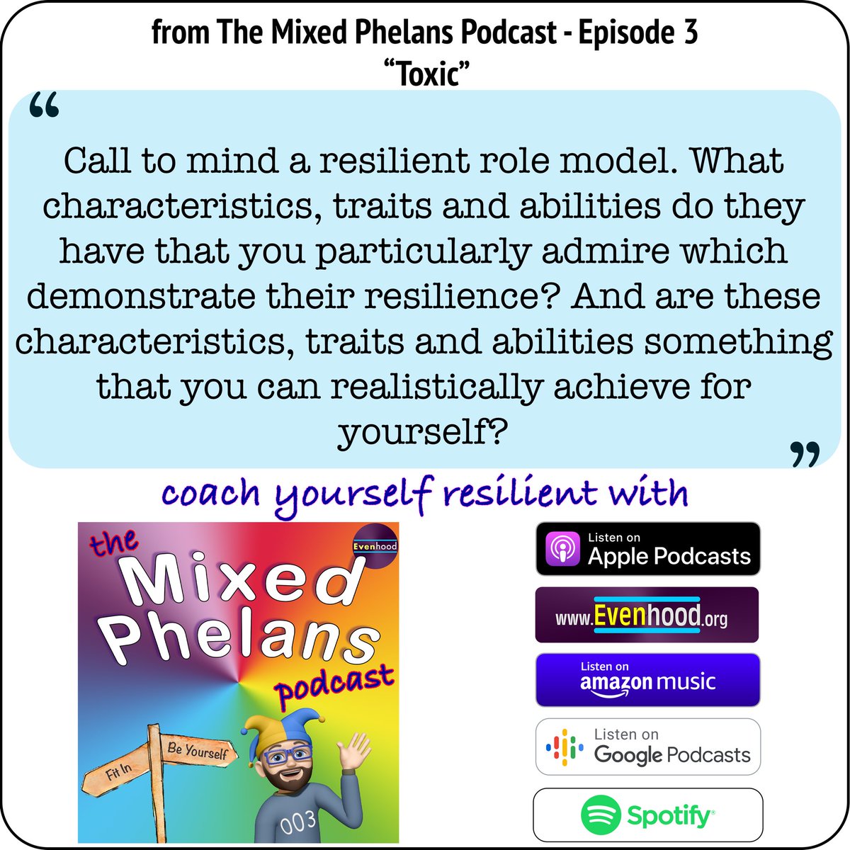 Coach yourself resilient. Free podcast. No ads. No sales. No subscribe. Just you and guided coaching. Give it a whirl - you’ve got resilience to gain and nothing to lose. podcasts.apple.com/gb/podcast/mix… #Resilient #Wellbeing #BeYourself #Evenhood #MentalHealth