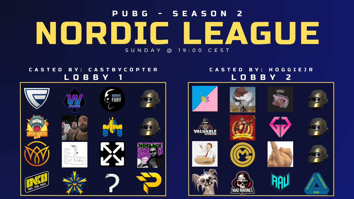 Nordic League PUBG (@nordic_pubg) on Twitter photo 🔥Nordic League kicks off today! Join us for an epic gaming showdown with live casting for both lobbies tonight!
📺 Tune in to Lobby 1 casting by <a href="/CastByCopter/">Matti Korvenmaa</a>: twitch.tv/castbycopter📺 And don't miss a moment of the action in Lobby 2: twitch.tv/hoggiejr 🔥Nordic League kicks off today! Join us for an epic gaming showdown with live casting for both lobbies tonight!
📺 Tune in to Lobby 1 casting by <a href="/CastByCopter/">Matti Korvenmaa</a>: twitch.tv/castbycopter📺 And don't miss a moment of the action in Lobby 2: twitch.tv/hoggiejr