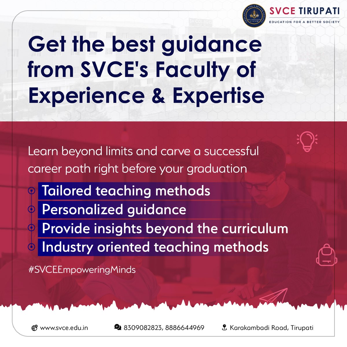 SVCE_Tirupati's tweet image. Begin your journey at SVCE with #tailoredteaching, personalized #guidance, and real-world insights. Success awaits! 🚀📚 #EmpowerWithSVCE

🌐 svcolleges.edu.in
✉️ svce@svcolleges.edu.in
📞 88866 44969

#SVCE #SVCEEmpoweringMinds #ExperienceAndExpertise