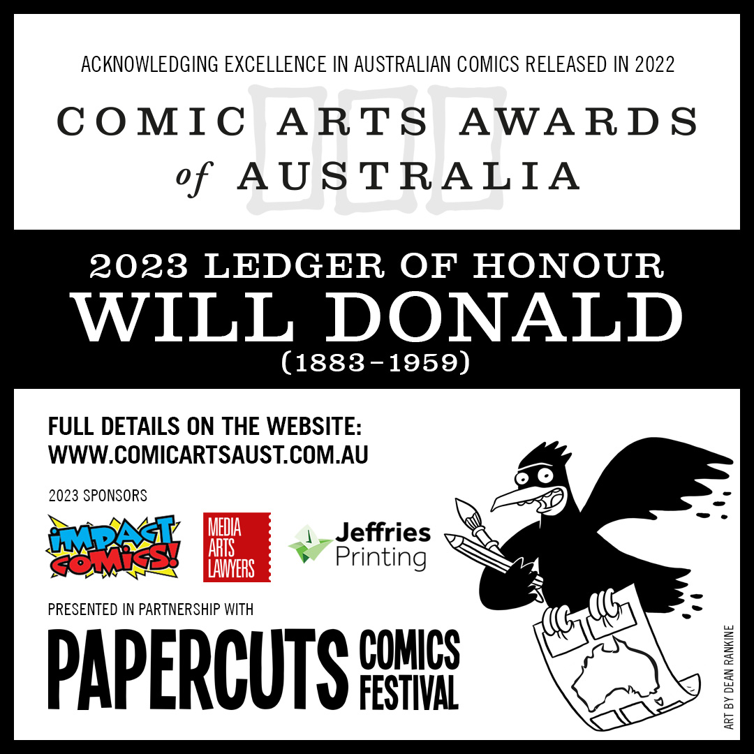 2023 Ledger of Honour, our Hall of Fame Award, also goes to dead-set legend... Will Donald!

comicartsaust.com.au/2023-ledger-of…

#CAAA2023 #ledgerofhonour #halloffame #australiancomics