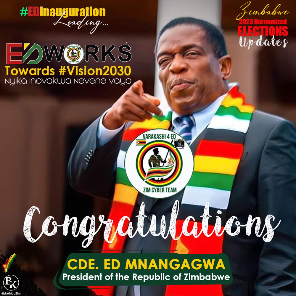 Congratulations to President @edmnangagwa. To all cdes @dereckgoto @Eddie_Gore1 @dhonzamusoro007 @matigary @JonesMusara @KMutisi @Mug2155 @nickmangwana @TendayiZinyama @zanupf_patriots @brown_gugu @mhofela_mhofu @snowballOfficia and others.. we did it Pamberi ne @ZANUPF_Official