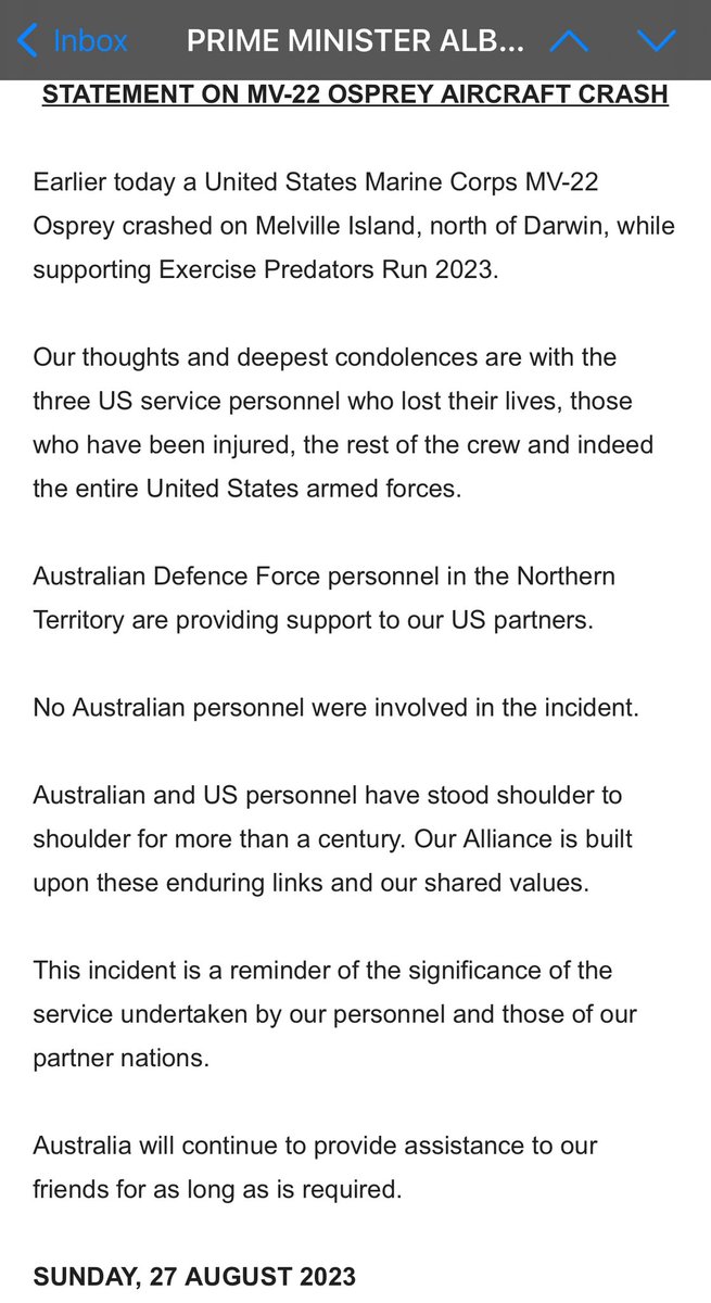 austinpollock_'s tweet photo. #BREAKING: Anthony Albanese and Richard Marles release joint statement expressing their condolences for the three US Marines killed in the helicopter crash off the coast of Darwin. @6newsau https://t.co/lusCOqKMYn