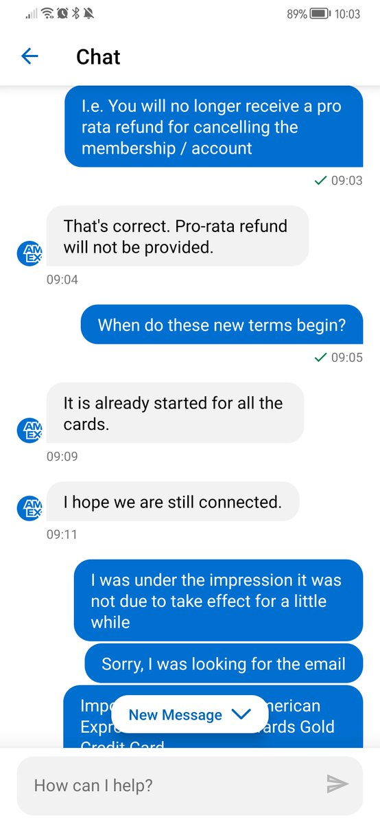 Freffs's tweet photo. @AmexUK why are you misinforming people the new membership terms have already begun? Luckily I had email so I was able to cancel the card and receive the pro rata refund. Others beware. Chat ID conv_b04ab83c5eb4a5dd8b4b2faf81dfac32 https://t.co/RrFl75hTm9
