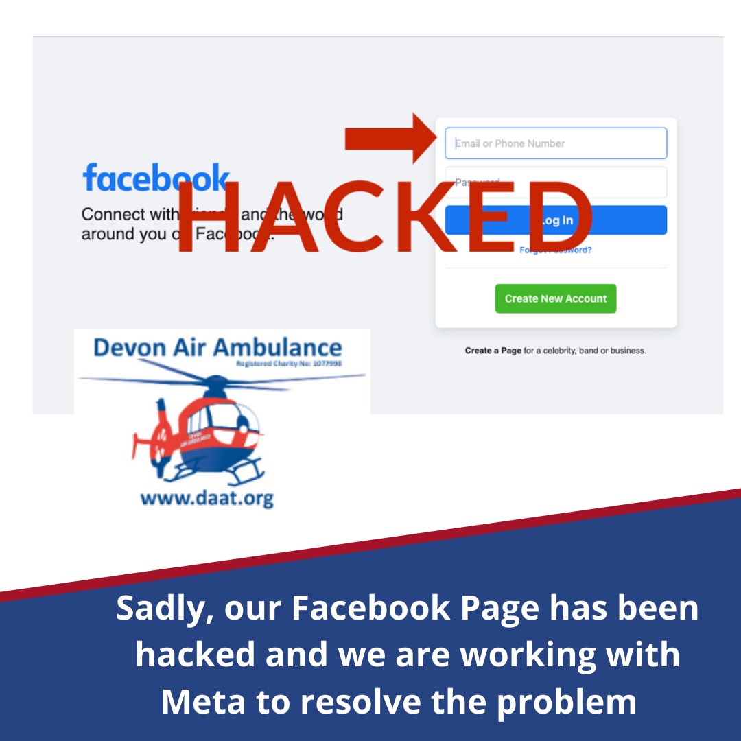 DevonAirAmb's tweet photo. Unfortunately, our Facebook page has been compromised and we are working with Meta to resolve the problem. Please be aware that any posts from The Devon Air Ambulance Facebook page are likely to be bogus. We will keep our social media followers updated over the coming days. https://t.co/GYOuWxPZCU