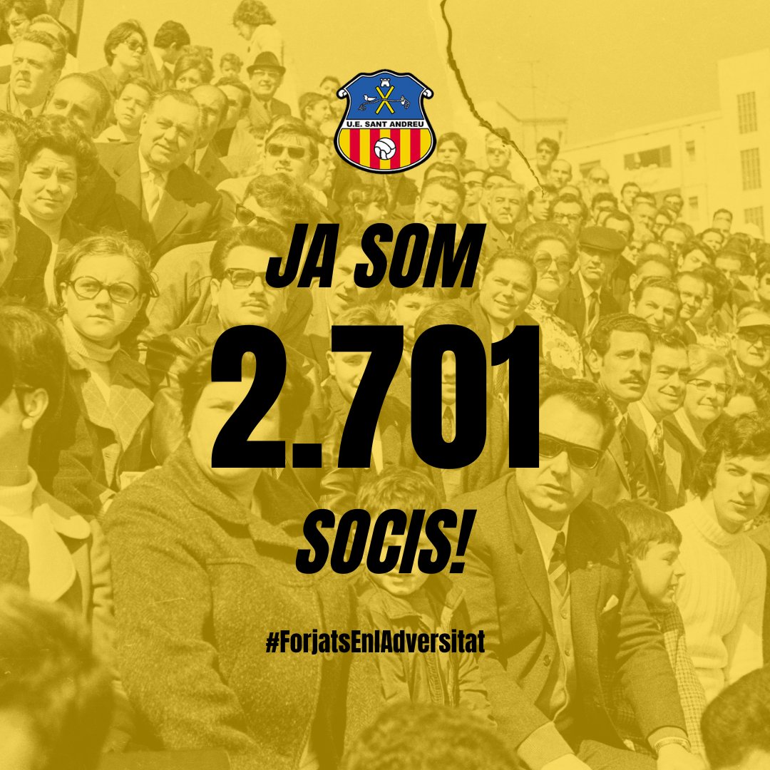 uesantandreu's tweet photo. 💣 𝘽𝑶𝙊𝑶𝙊𝑶𝙊𝑶𝙊𝑶𝙊𝑶𝙊𝑴 💣
😍 Superem els 2⃣7⃣0⃣0⃣ socis a dues setmanes pel primer partit de lliga al Narcís Sala! 👹👹
♻️ Renovacions: 1.135
🆕 Altes: 1.566
Això no s'atura! Fes-te soci del Sant Andreu! 🟡🔴
🔗 https://t.co/4VSBldx82V
#ForjatsEnlAdversitat https://t.co/ubGD7lZxxJ