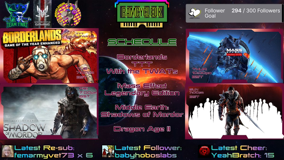 ramcycle78's tweet photo. THIS WEEKS SCHEDULE!
Tuesday: TTT hosted by ME! with @thebotdev1 @the_lil_devil_r and @sonicfusion2k #Borderlands
Thursday: #MassEffectLegendaryEdition
Friday: #MiddleEarthShadowsof Mordor
Sunday: #DragonAgeII https://t.co/vo2qhFgsrt