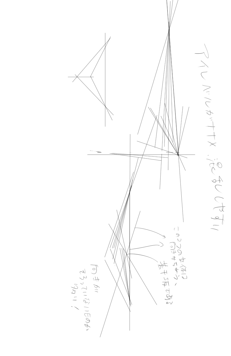 立体把握32日目
写真を基にパースラインを引く(写真は非表示)
立体がこんがらがりやすい原因がなんとなく見えた? 