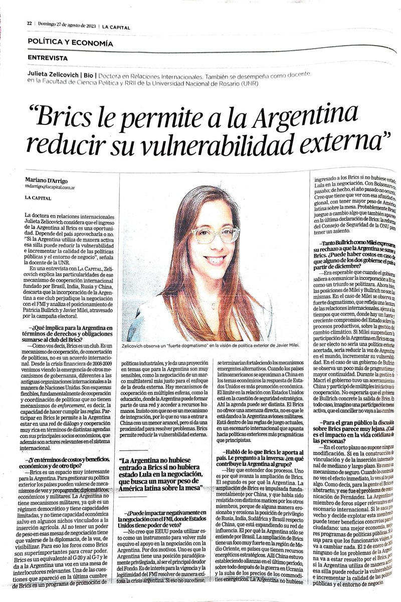 La invitación a Argentina a sumarse a BRICS nos dio la excusa perfecta para analizar el orden internacional y la política exterior argentina.

Gracias <a href="/mdarrigo/">Mariano D'Arrigo</a> por la entrevista.