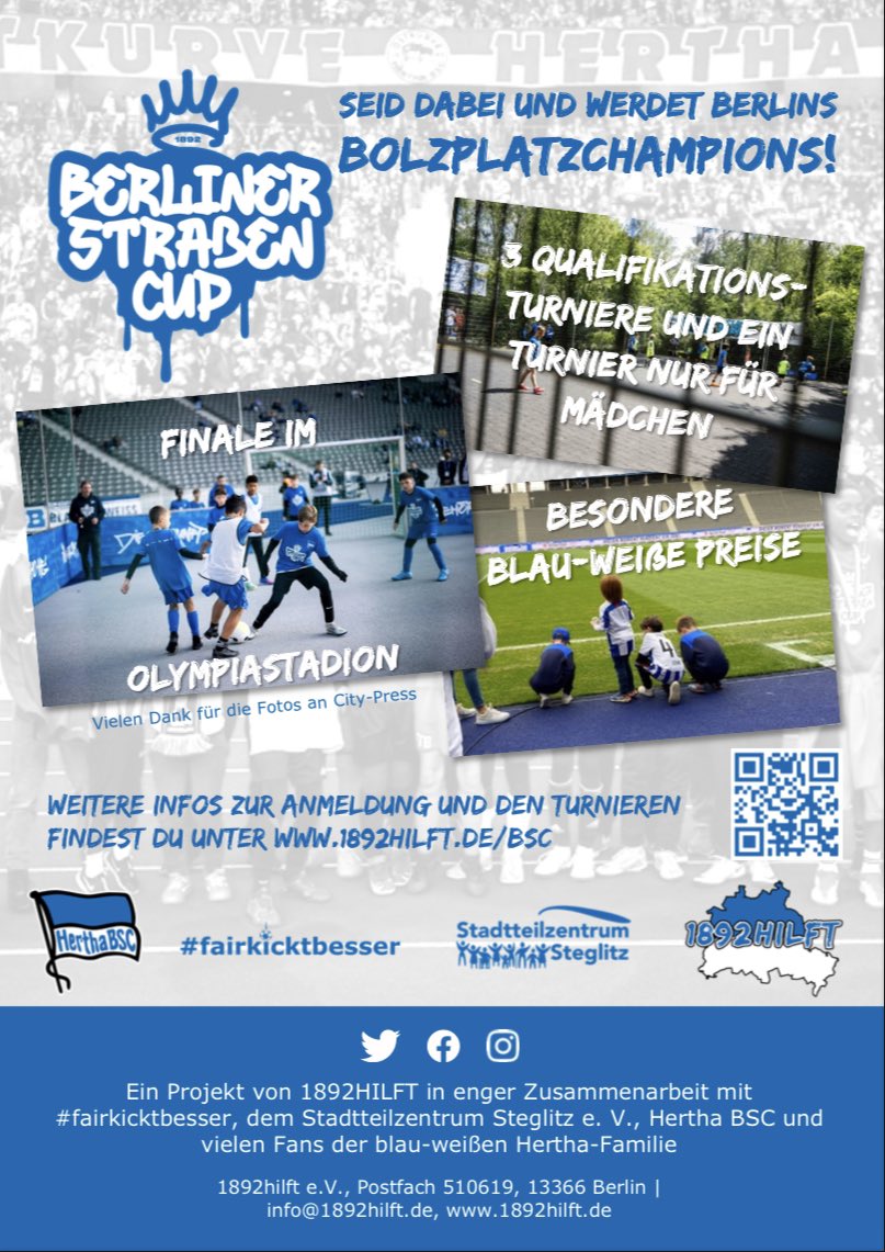 #fairkicktbesser (@fairkicktbesser) on Twitter photo Das letzteQualifikationsturnier des #BerlinerStraßenCup!
⚽️ 16.9 Hellersdorf
Macht mit bei der größten Berliner Bolzplatzturnierserie. Das Berliner Finalturnier findet in der <a href="/mallofberlin/">Mall of Berlin</a> statt.
Das große Finale dann in der Ostkurve.
Anmeldung⬇️⬇️⬇️
herthabsc.com/de/soziales/an… Das letzteQualifikationsturnier des #BerlinerStraßenCup!
⚽️ 16.9 Hellersdorf
Macht mit bei der größten Berliner Bolzplatzturnierserie. Das Berliner Finalturnier findet in der <a href="/mallofberlin/">Mall of Berlin</a> statt.
Das große Finale dann in der Ostkurve.
Anmeldung⬇️⬇️⬇️
herthabsc.com/de/soziales/an…