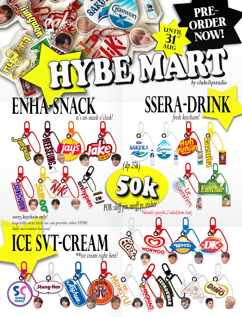 [OPEN PO] [BATCH 2] 
✨ HYBE MART ACRYLIC KEYCHAIN ✨
Enhypen 🟡 Le Sserafim 🟡 SVT [new!]

💸50K
💸 DP 25K
🗓️ PO sampai 31 Agustus

link cek replies ya 💕