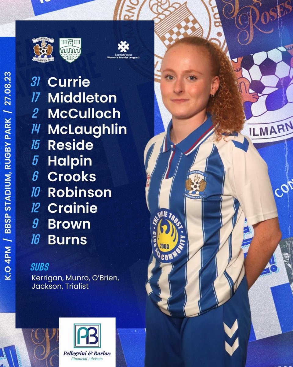 Kilmarnock FC Women (@kilmarnockwfc) on Twitter photo Your Killie starting XI against <a href="/stiruni_wfc/">Stirling University WFC</a>:
🧤Currie in goal
©️ McLaughlin captain
👊 Robbo in the middle
Brought to you by Pellegrini & Barlow. Your Killie starting XI against <a href="/stiruni_wfc/">Stirling University WFC</a>:
🧤Currie in goal
©️ McLaughlin captain
👊 Robbo in the middle
Brought to you by Pellegrini & Barlow.