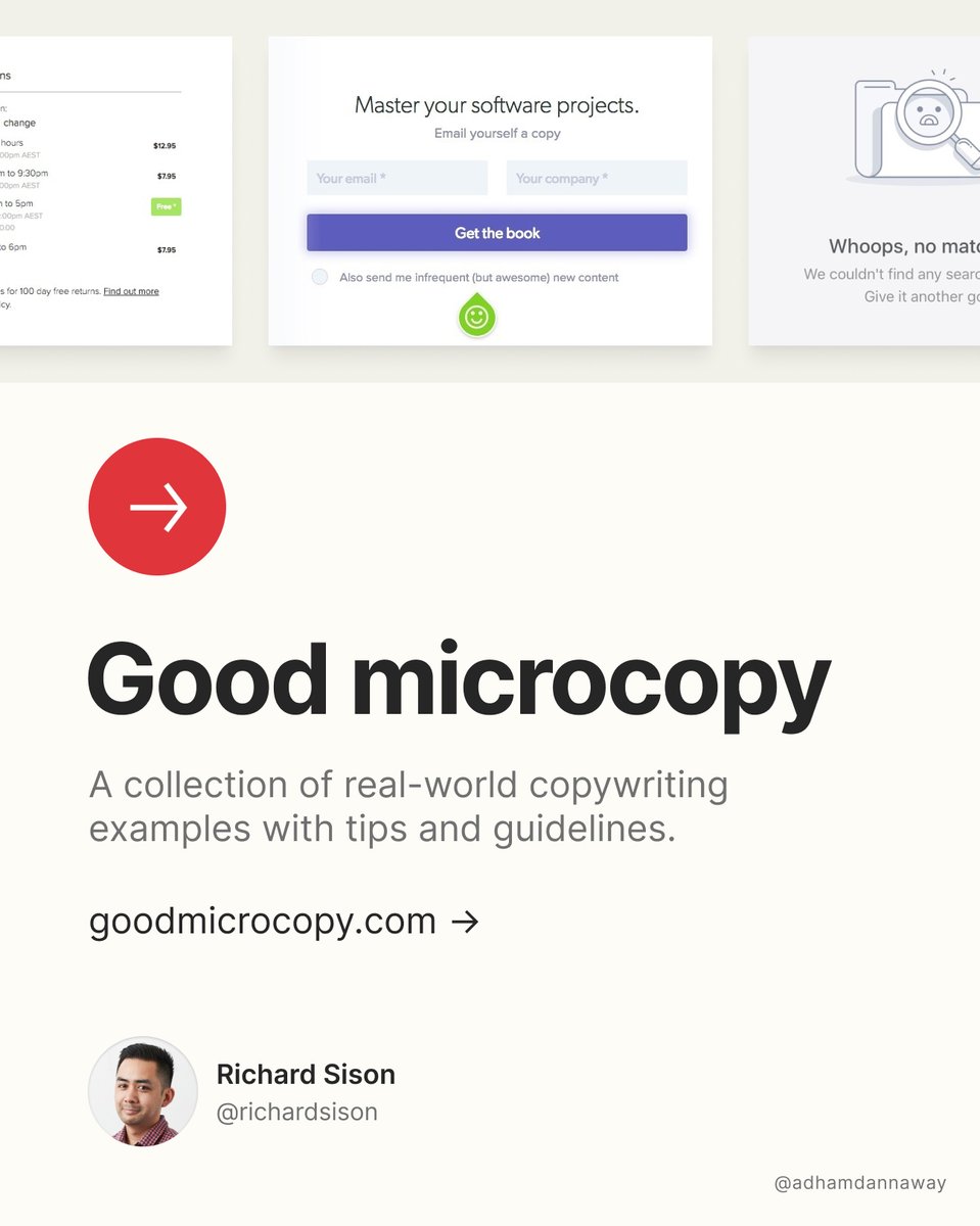 ✍️ Good microcopy

Learn how to improve your UX copywriting with this collection of real-world copywriting examples with tips and guidelines.

Link below 👇

By <a href="/richardsison/">Richard Sison</a> 

#design #ux #uxdesign #uxui #copywriting