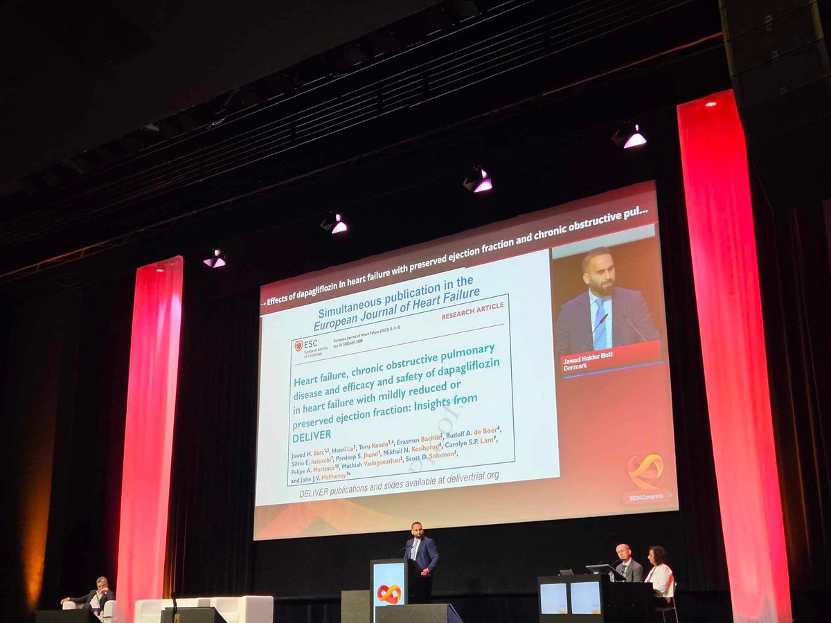 Honored to present a prespecified analysis of #DELIVER on one of the main scenes at #ESC2023
#SimPub in @ESC_Journals

🔥Hx of COPD associated with worse outcomes
🔥Benefits of dapa on clinical outcomes & QoL consistent in 👥 w/wo COPD
🔥Dapa safe & tolerable in 👥 w/wo COPD