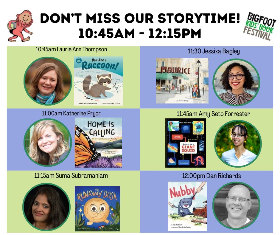 Bigfoot Kids' Book Festival (@bigfootkidsbook) on Twitter photo Between author signings and activities, drop into <a href="/MortarBooks/">Brick and Mortar Books</a> for storytime with my friends <a href="/LaurieThompson/">Laurie Ann Thompson-PROTECT TRANS KIDS 🏳️⚧️</a> <a href="/ReadYourGreens/">Katherine Pryor</a> @suma_v_s <a href="/JessixaBagley/">Jessixa Bagley</a> <a href="/AmySetoWrites/">Amy Seto Forrester</a> and <a href="/author_dan/">Dan Richards</a> ! Bring your sasq-watch, readings are every 15 min from 10:45am - 12:15pm. See you there! - ♥️👣 Between author signings and activities, drop into <a href="/MortarBooks/">Brick and Mortar Books</a> for storytime with my friends <a href="/LaurieThompson/">Laurie Ann Thompson-PROTECT TRANS KIDS 🏳️⚧️</a> <a href="/ReadYourGreens/">Katherine Pryor</a> @suma_v_s <a href="/JessixaBagley/">Jessixa Bagley</a> <a href="/AmySetoWrites/">Amy Seto Forrester</a> and <a href="/author_dan/">Dan Richards</a> ! Bring your sasq-watch, readings are every 15 min from 10:45am - 12:15pm. See you there! - ♥️👣