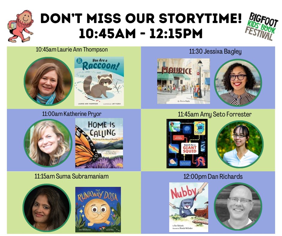 Between author signings and activities, drop into @MortarBooks for storytime with my friends @LaurieThompson @ReadYourGreens @suma_v_s @JessixaBagley @AmySetoWrites and @author_dan ! Bring your sasq-watch, readings are every 15 min from 10:45am - 12:15pm. See you there! - ♥️👣