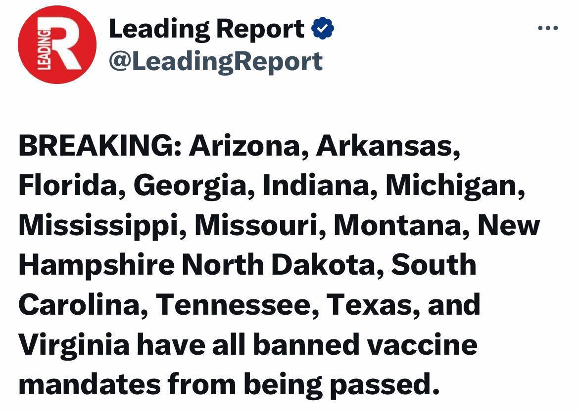 Wish it was here in California also but my State currently Blue from holding its breath too long. 

Resist the Intimidation!!!

#Unvaccinated
#FreedomOfChoice 
#VaccineFree
#SovereignCitizen
#FreedomFromEvils