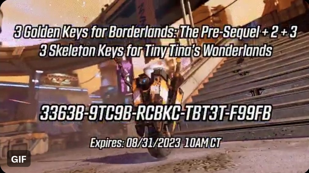 SHiFT code for free Golden Keys and Skeleton Keys for all the games (Borderlands 2, TPS, 3, Wonderlands)! 3363B-9TC9B-RCBKC-TBT3T-F99FB Redeem in game or at shift.gearbox.com. Expires 8/31. Good luck, and happy loot! #boarderlands #TinyTinasWonderlands #gaming