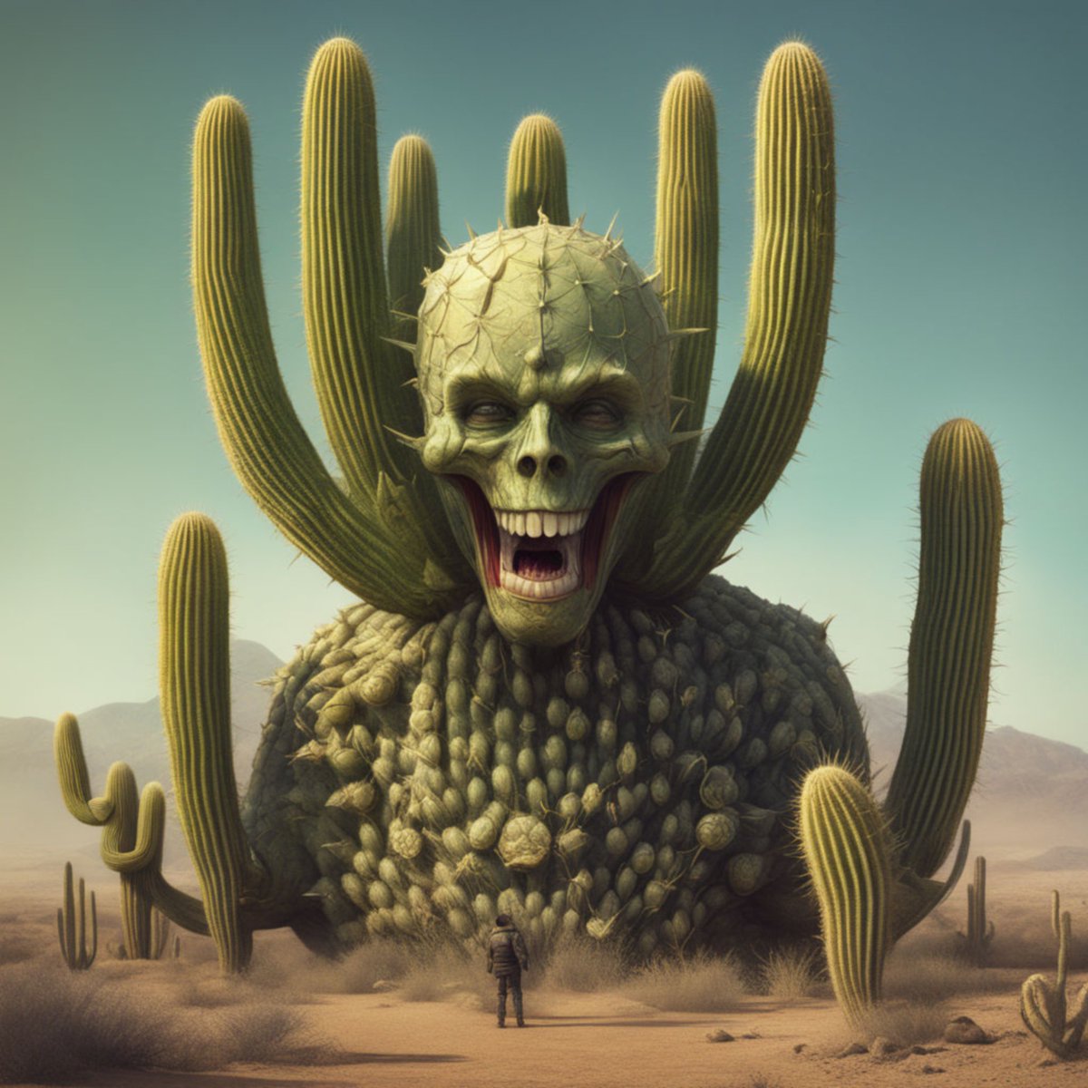 “Scary Cactus Skull”
1/1 Ed. - 10 xtz on @objktcom 

Collaboration with #CactusBoomtez

“In moon's pale glow, a fearsome sight,
Cactus skull, eerie in the night.
Hollow eyes and thorny grin,
A chilling presence from within…”
#NErdemsArt #tezos #SavageNation #HashTera #PPN