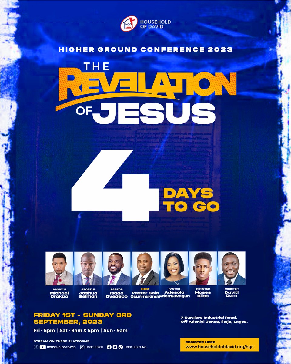 Wow!!! It's 4 days until Higher Ground Conference 2023!

Can you feel the excitement? You can be certain that this is going to be a life-transforming experience for you.

Get excited and get ready.

#HGC2023
#HigherGroundConference
#HouseholdofDavid