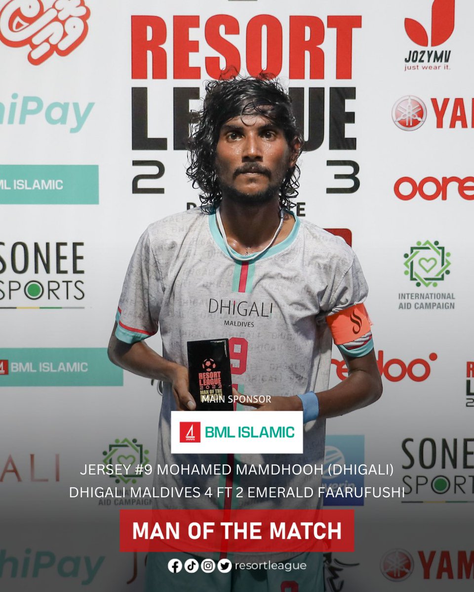 resortleague's tweet photo. Resort League 2023 Raa Zone
Match #2
Man of the Match: Jno. 9 Mohamed Mamdhooh (Dhigali Maldives)
Full Time
17:00 - Dhigali Maldives 4 FT 2 Emerald Faarufushi
.
#RL23 #resortleague #resortleague2023 #IAC #CharityPartner #BMLislamic #EHEE #tripverin #fahipay #matcon #marinemaster @OoredooMaldives