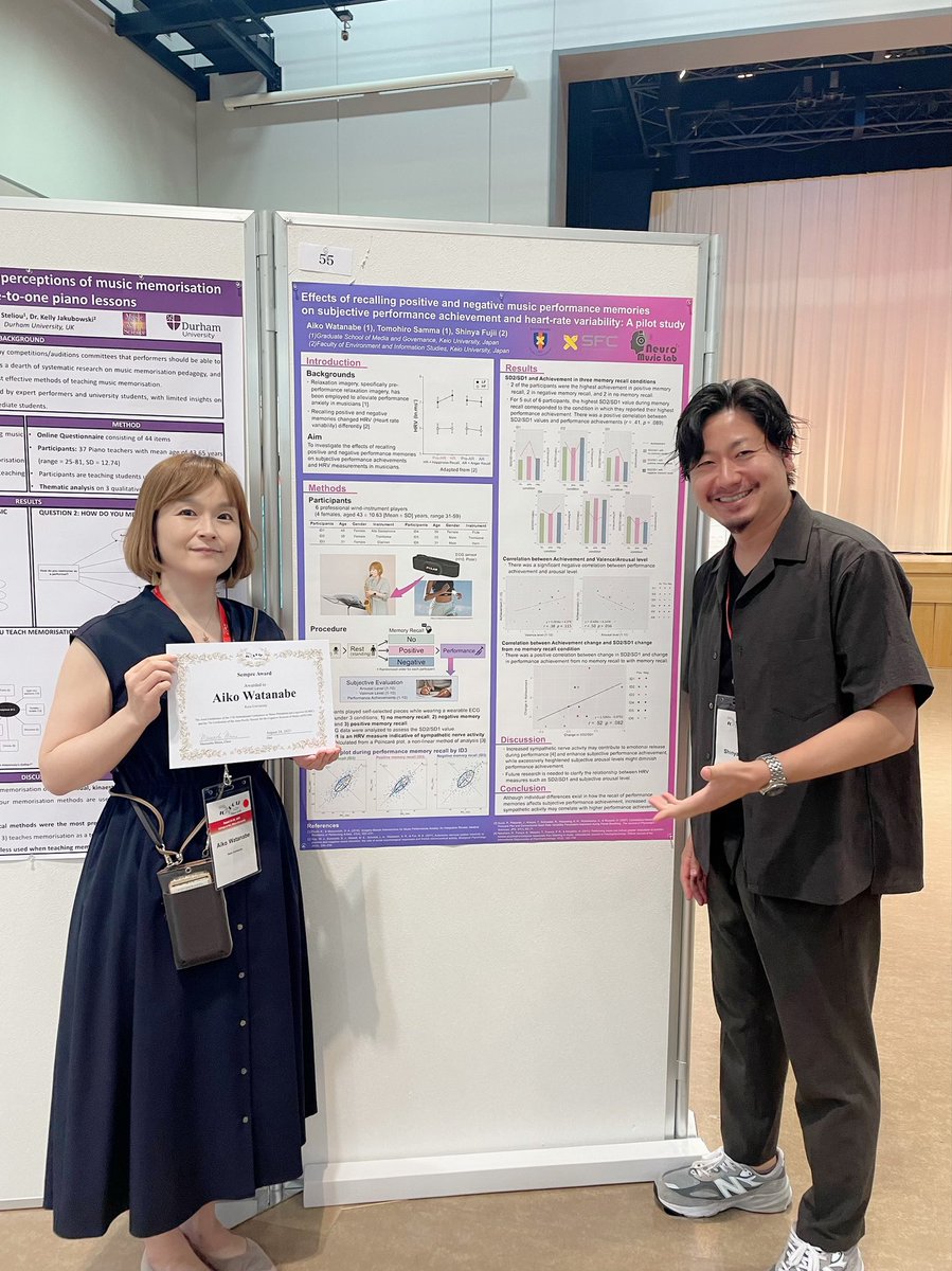 aikohime3's tweet photo. ICMPC(International Conference on Music Perception and Cognition)での初めてのポスター発表も無事(?)に終わり、また光栄なことにSEMPRE Awardを受賞することができました🥹
身に余るほどのこの経験、そして多くの研究者から授かった溢れる情熱を、また次に活かしていきたいと思っています。
#icmpc https://t.co/6ffYOk9Dsz