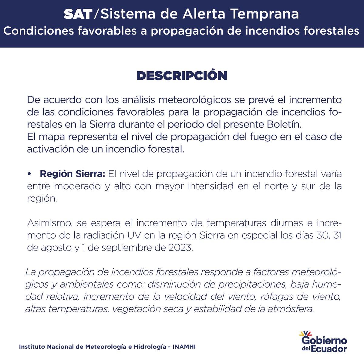 inamhi_ec's tweet photo. 🟠#AdvertenciaEc No. 41 | En los próximos días existirán condiciones atmosféricas favorables para la propagación de incendios forestales en distintos sectores de la Sierra y zonas puntuales del Litoral. Altas temperaturas diurnas y UV. Tenga en cuenta la siguiente información.🌡️ https://t.co/KJpYKKyV37