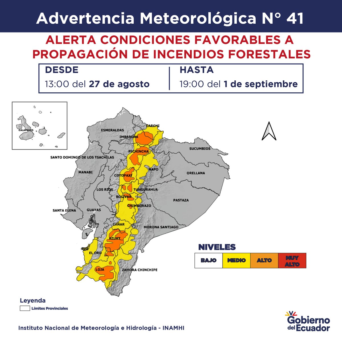 inamhi_ec's tweet photo. 🟠#AdvertenciaEc No. 41 | En los próximos días existirán condiciones atmosféricas favorables para la propagación de incendios forestales en distintos sectores de la Sierra y zonas puntuales del Litoral. Altas temperaturas diurnas y UV. Tenga en cuenta la siguiente información.🌡️ https://t.co/KJpYKKyV37